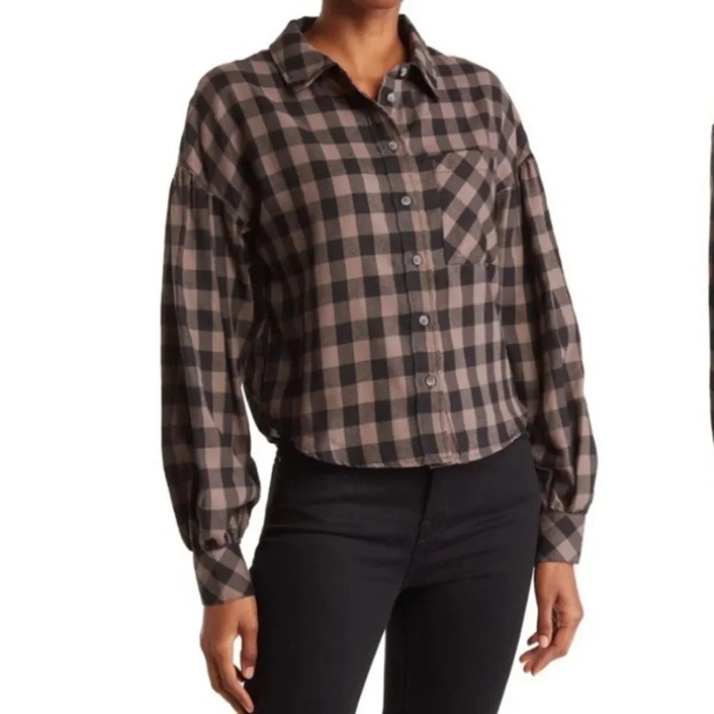 Sanctuary Bianca Plaid Button Down Top in Mocha & Black M